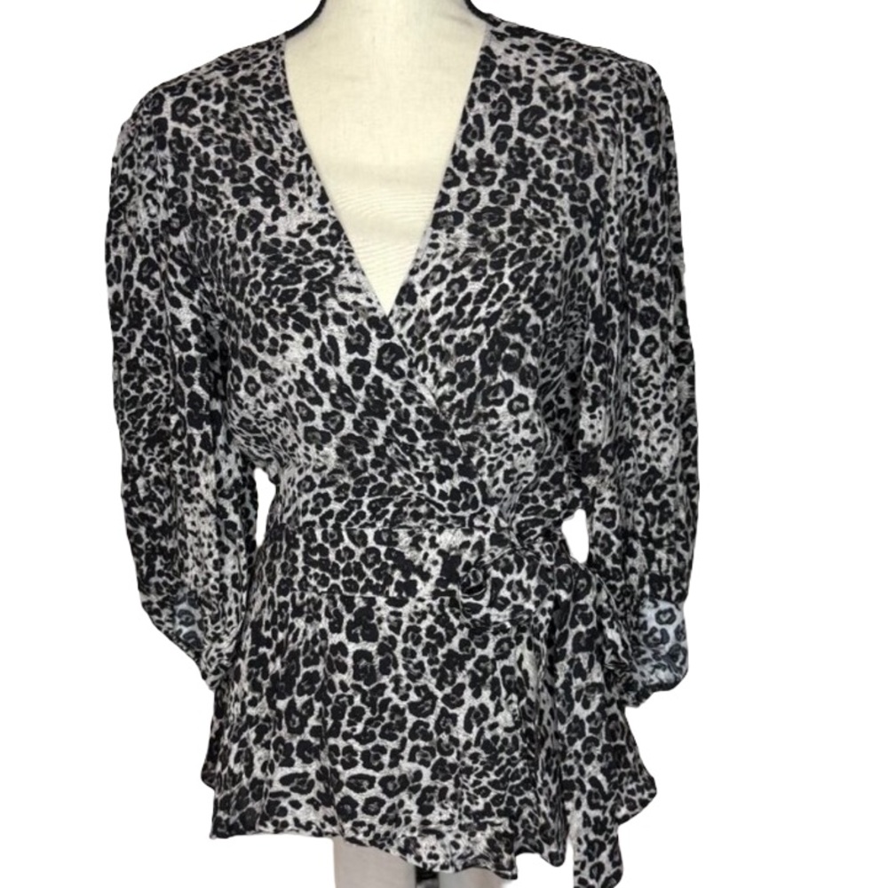 Banana Republic Black/Gray Animal Print Blouse - Tie Waist - Small